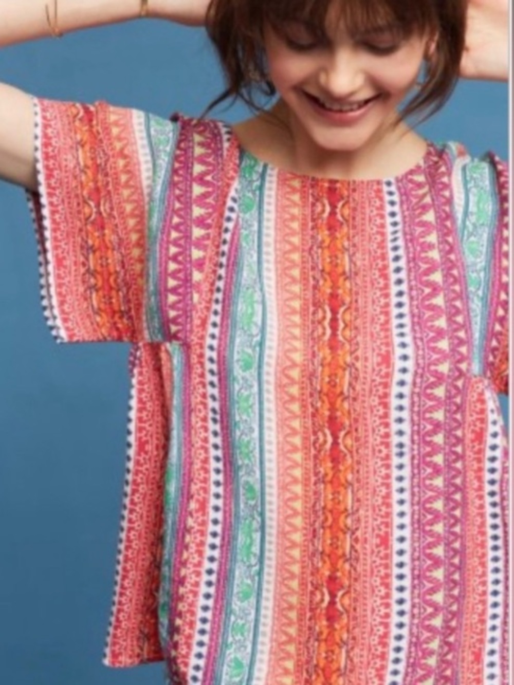 Anthropologie Maeve Multicolor Boho Print Short Sleeve Top